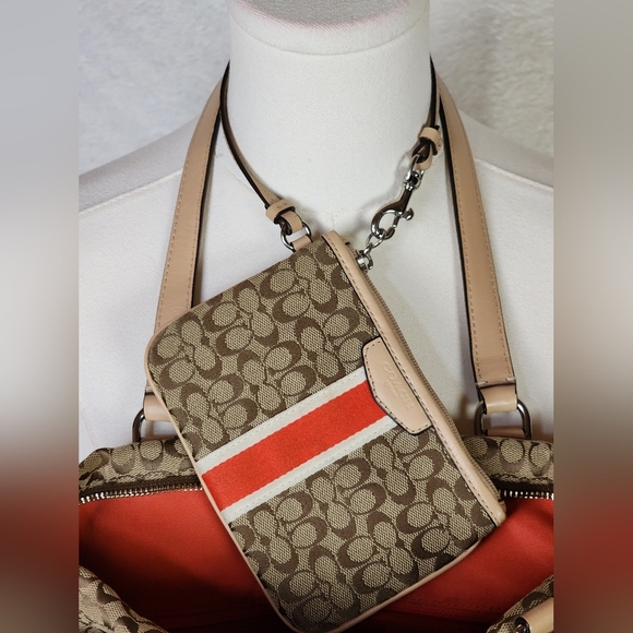 Coach Signature Stripe Tote & Wristlet Set Khaki Orange F27008 With Dust Bag - Picture 10 of 16